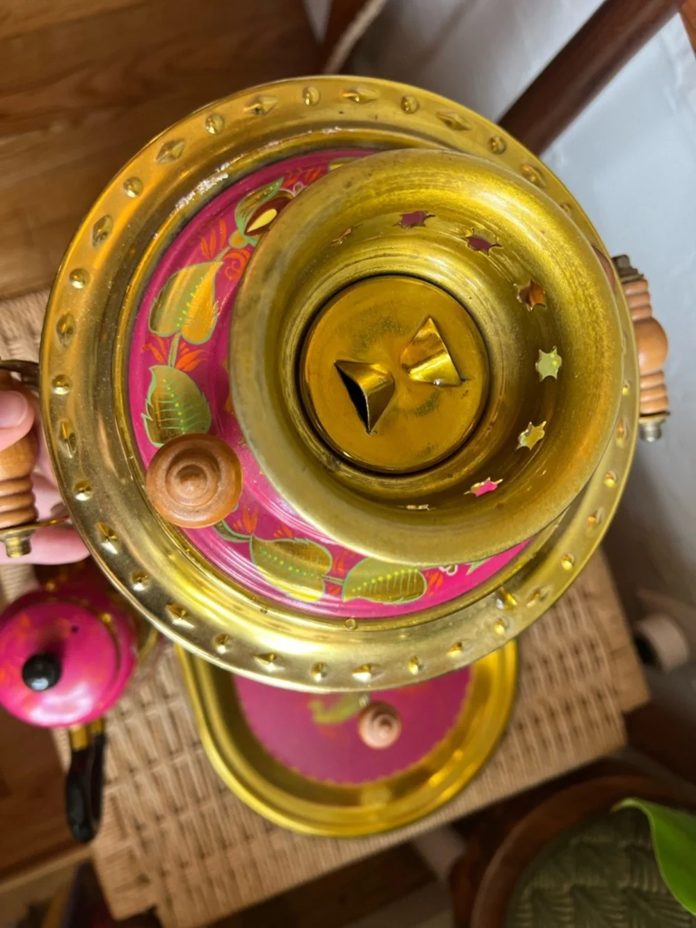 Vintage Soviet Samovar Tea Set 1991 Pink Floral Enamel Brass USSR Kitsch Decor